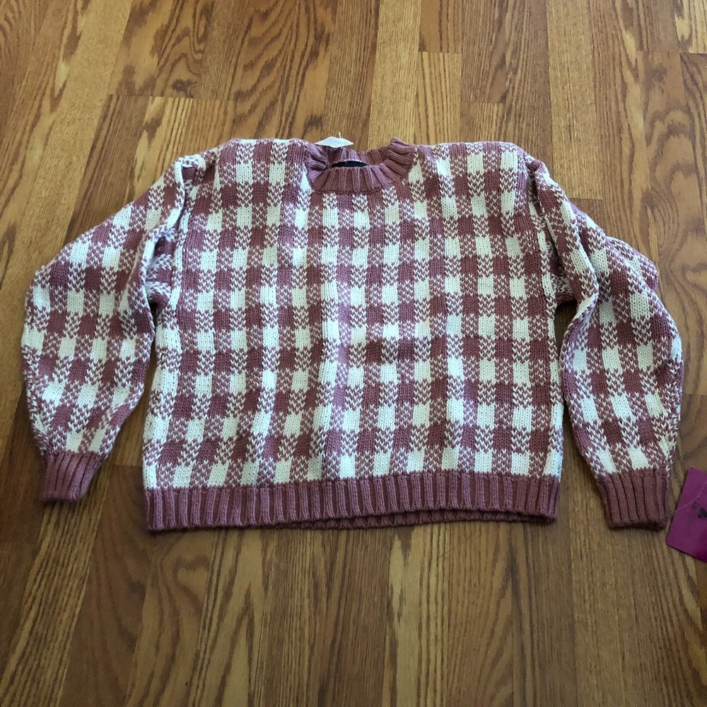 Vintage Liz Sport Mauve & Cream Checked Boxy Sweater Size L , NWT